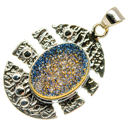 Oval blue druzy pendant with ornate silver border and loop bail, 925 sterling silver.