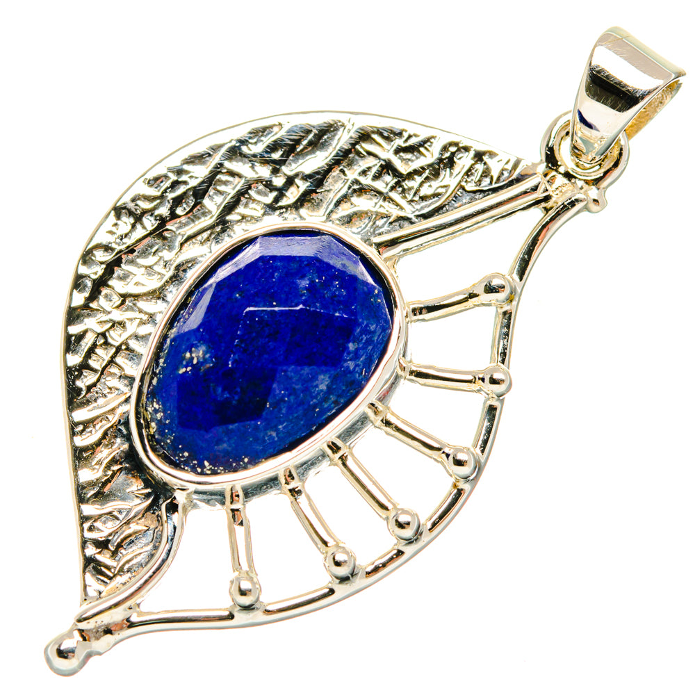 Lapis lazuli oval pendant in sterling silver, blue stone bezel with fan prong frame