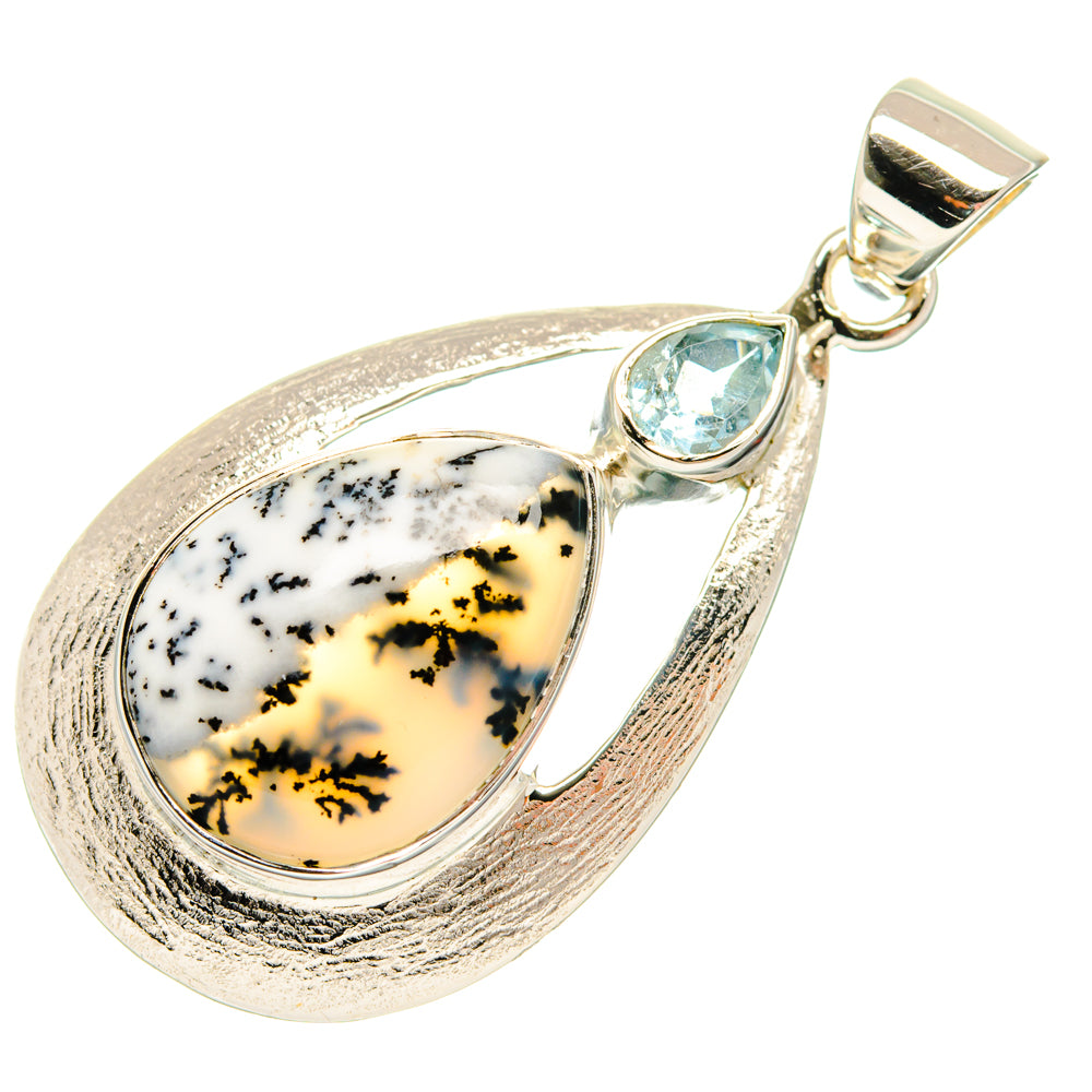 925 sterling silver pendant with oval dendritic opal and blue topaz accent