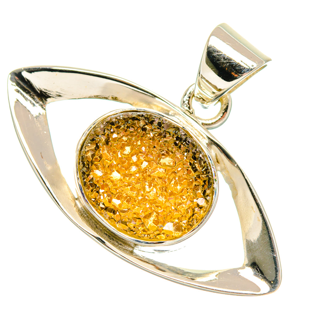 Sterling silver pendant with oval golden druzy gemstone, teardrop bezel and bail
