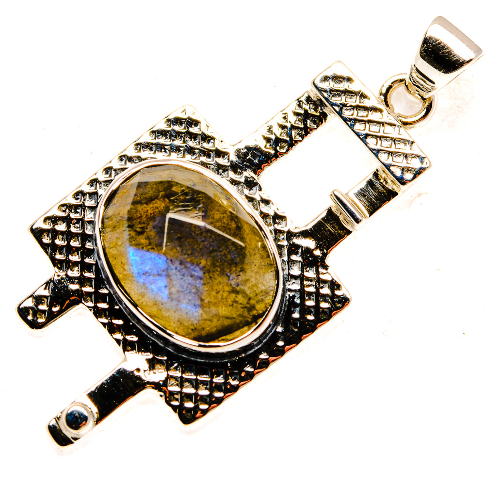 Labradorite pendant in ornate 925 sterling silver with oval stone and blue flash