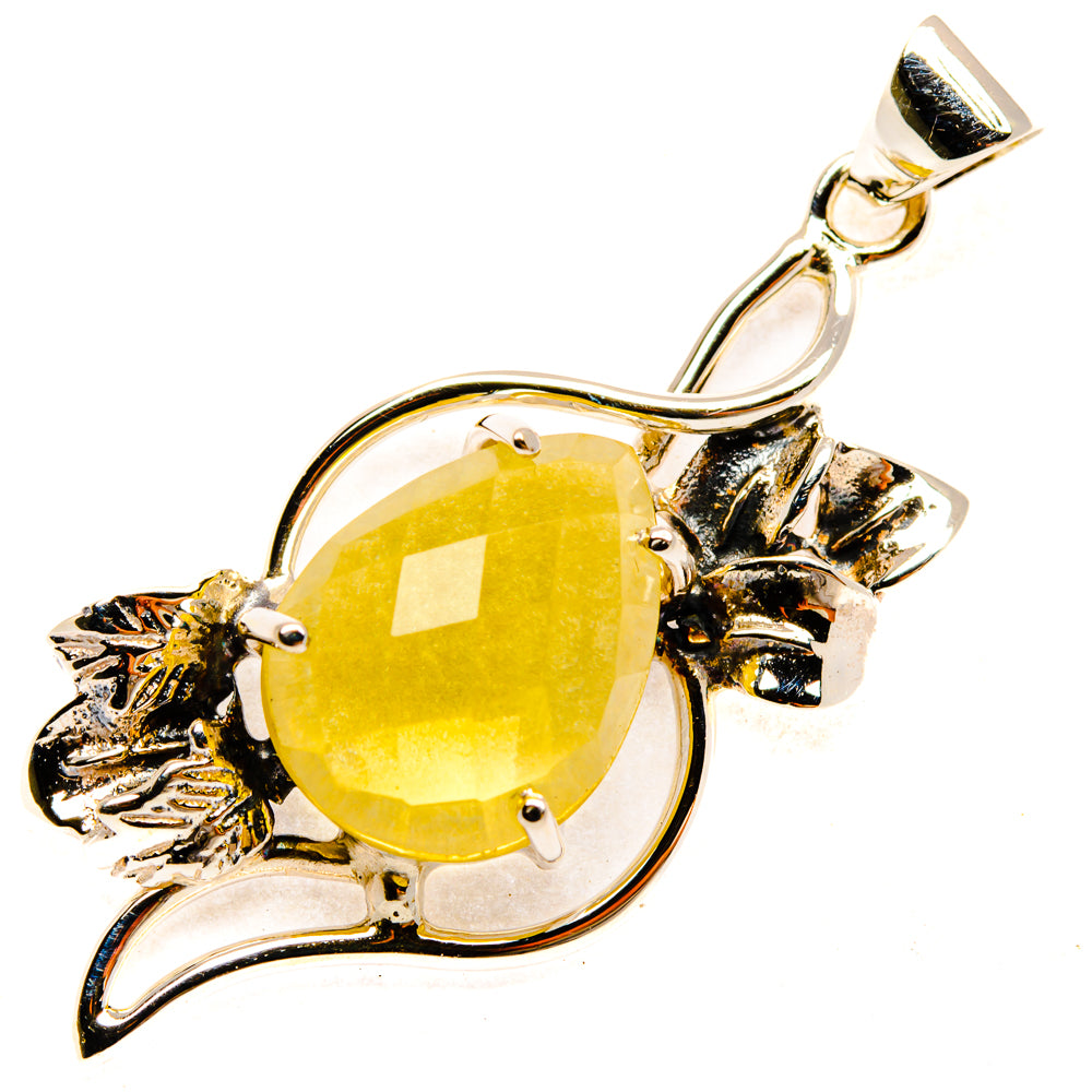 Faceted yellow citrine pendant in 925 sterling silver with leaf-and-flower details