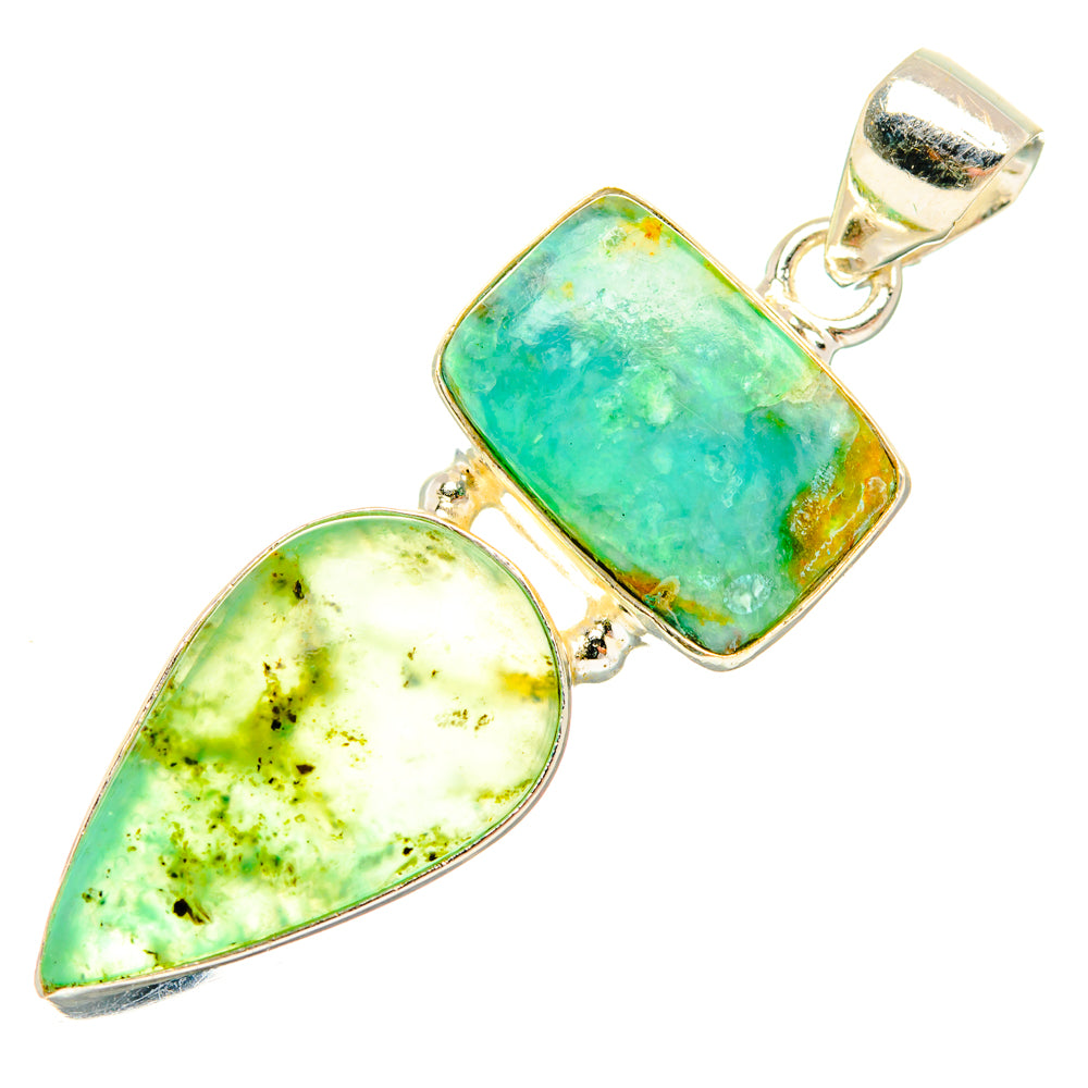 Silver pendant featuring green cabochon stones: teardrop and rounded-square, with bail loop.