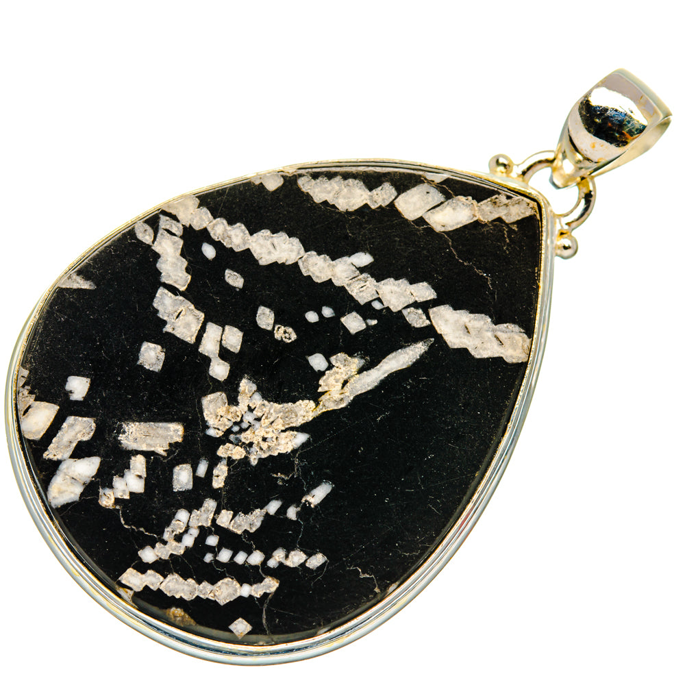 Chrysanthemum stone pendant, black teardrop with silver mosaic design, 925 sterling bail