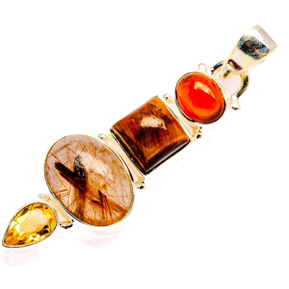 Sterling silver pendant with oval amber-brown and needle-inclusion quartz stones, red and yellow gems