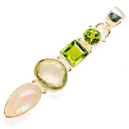 925 sterling silver pendant with green peridot, prehnite square, and moonstone ovals