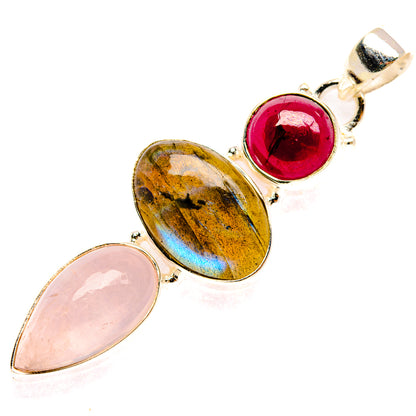 925 sterling silver three-stone pendant: rose quartz pink, garnet red, labradorite blue-tinged