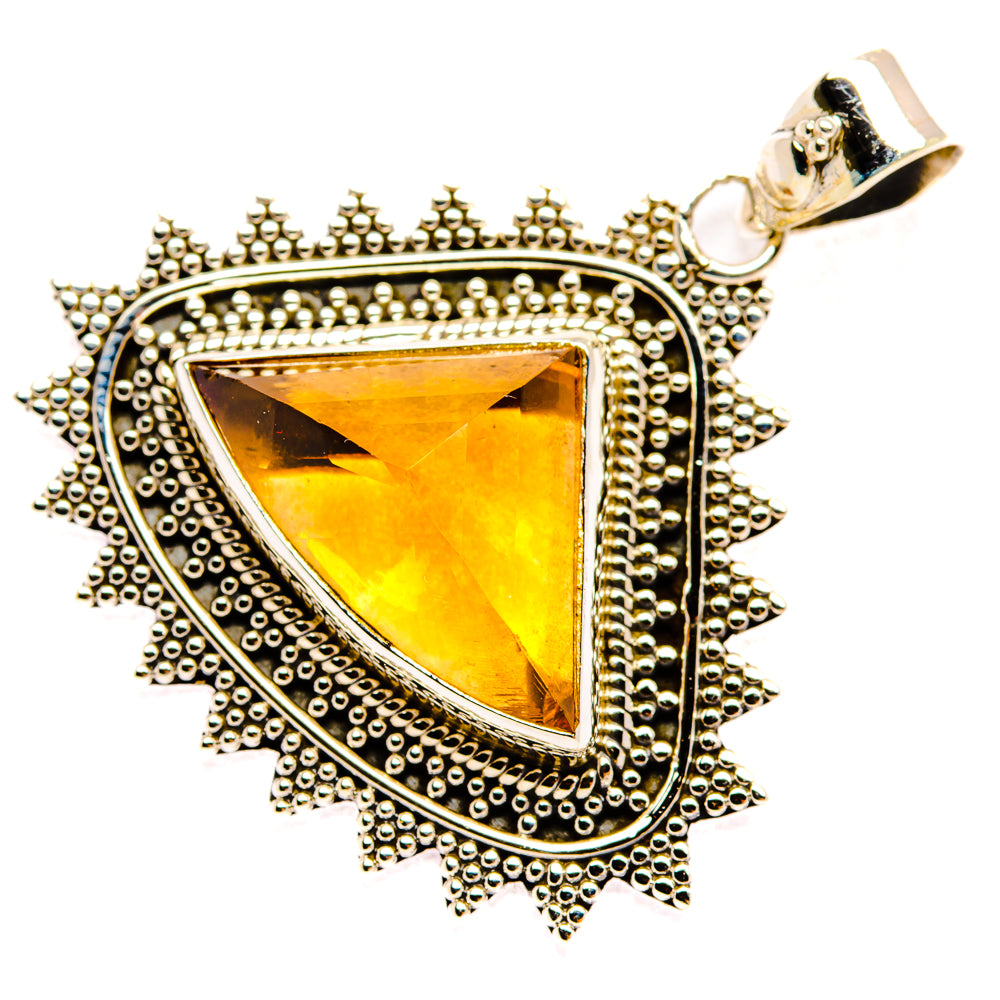 Sterling silver citrine sugarloaf pendant with bright orange-yellow triangular gemstone and beaded halo