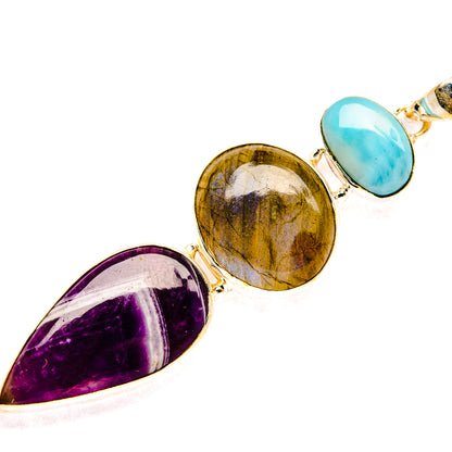 Three-stone 925 sterling silver pendant: Larimar oval, Labradorite round, Amethyst teardrop
