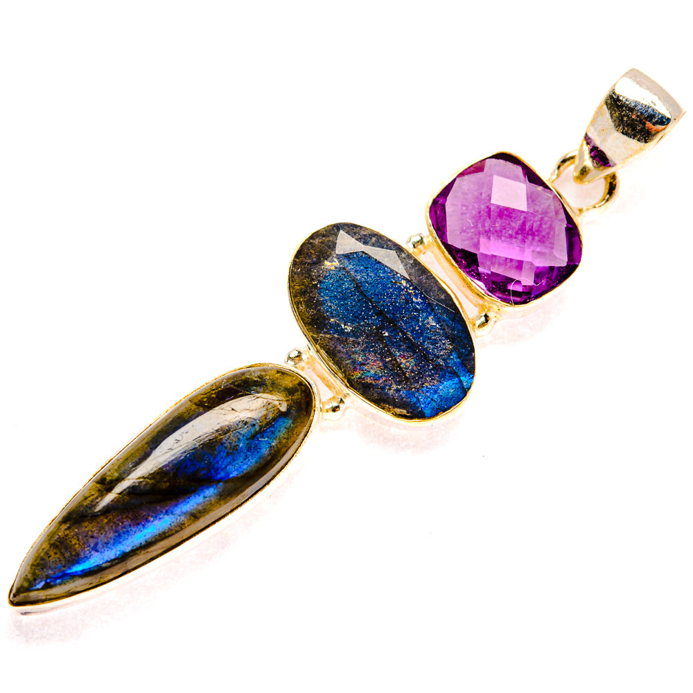 Sterling silver gemstone pendant with blue labradorite and purple faceted amethyst top