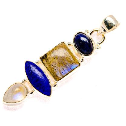 925 sterling silver pendant with dark blue ovals, speckled square, and rainbow moonstone cabochons