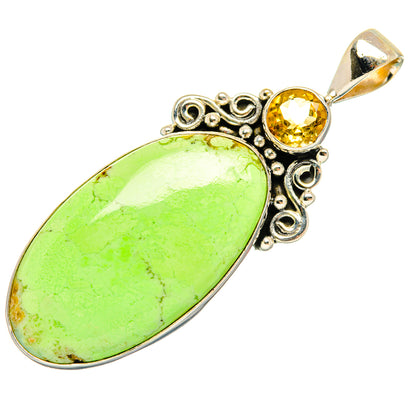 Green chrysoprase oval pendant with citrine round stone, 925 sterling silver setting