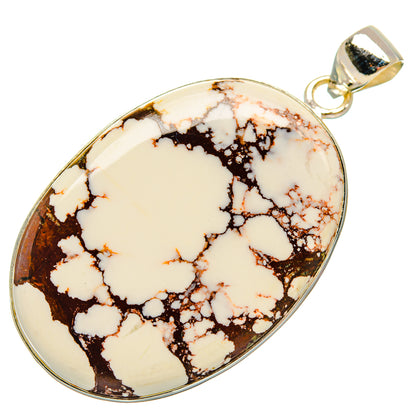 925 sterling silver pendant with Wild horse jasper cabochon, oval drop shape, cream and dark.