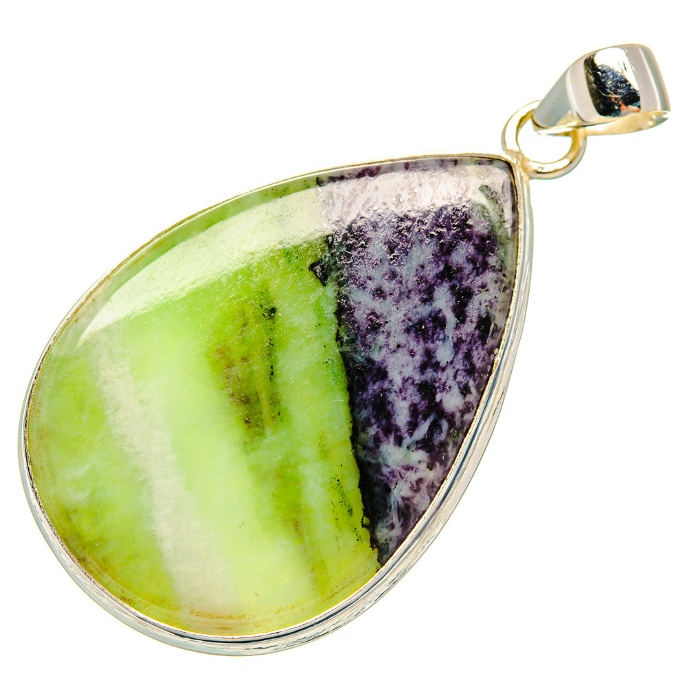 Kammererite teardrop pendant with green and purple stone, 925 sterling silver bail