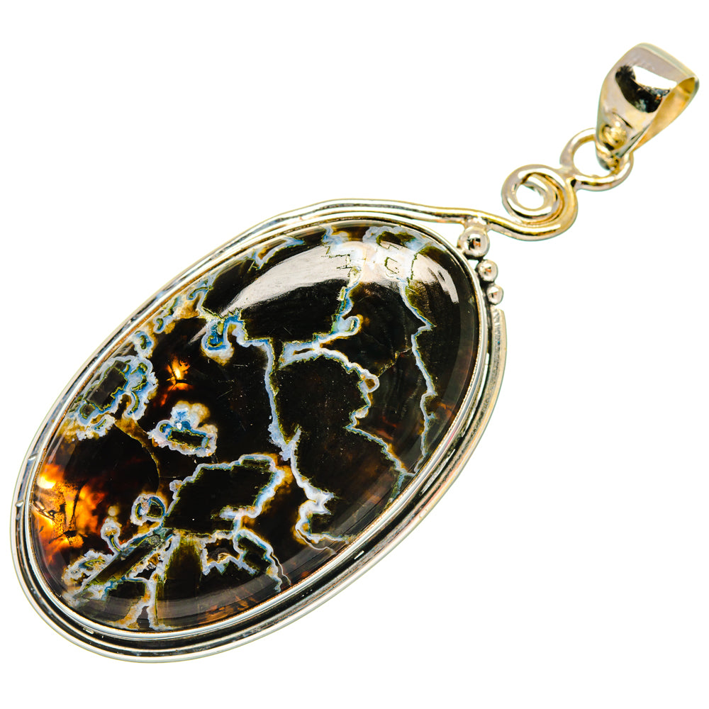 Oval 925 sterling silver pendant with black tube agate stone and gold veining.