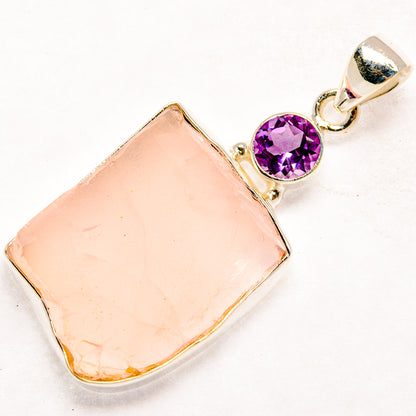 Rough rose quartz teardrop pendant with purple amethyst accent on 925 silver bail