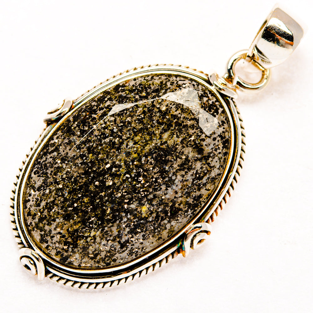 Tourmalinated quartz teardrop pendant in 925 sterling silver bezel, speckled dark stone