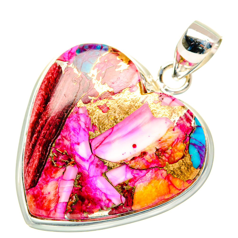 Heart-shaped multicolor gemstone pendant in pink, red, blue, gold, with silver bail