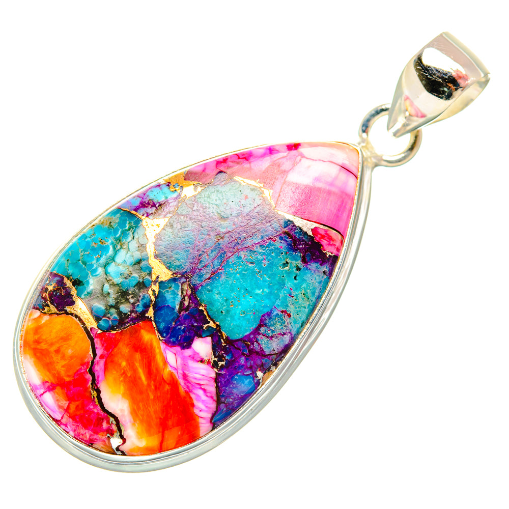 Sterling silver teardrop pendant with bright pink, turquoise, and purple mosaic stone