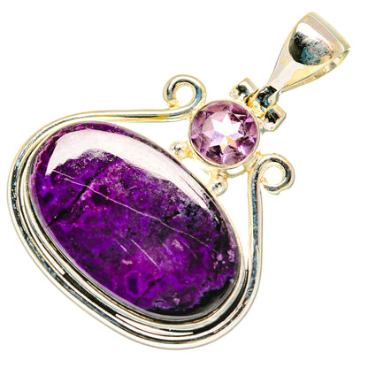 Silver pendant with large oval purple cabochon, small round amethyst, and open bail loop.