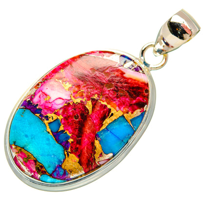 925 sterling silver oval pendant with multicolor red, blue and gold abstract artwork