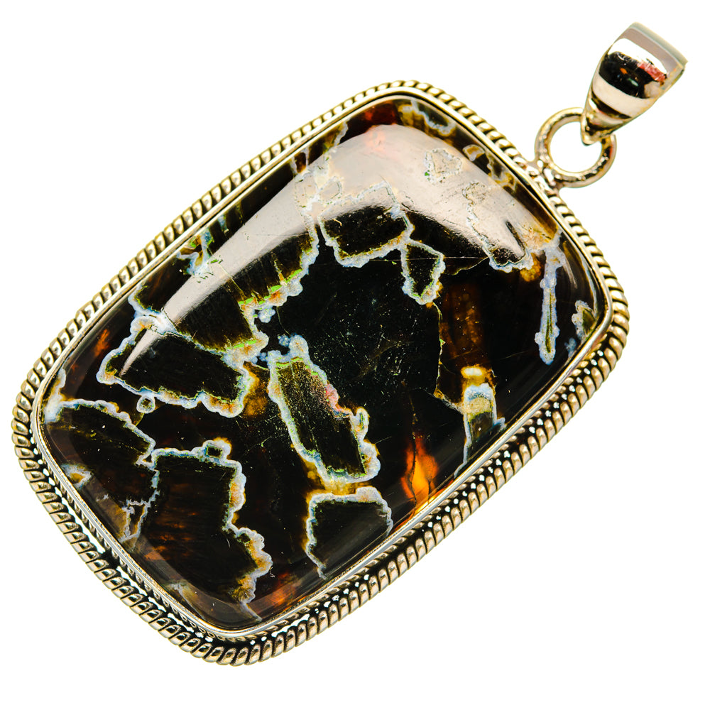 Turkish tube agate pendant with 925 silver loop bail, dark veined agate in bordered frame