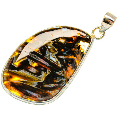 Turkish tube agate pendant, 925 sterling silver bezel, oval black-and-gold stone