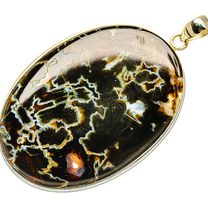 Sterling silver agate pendant, oval black stone with gold/white veining, top loop