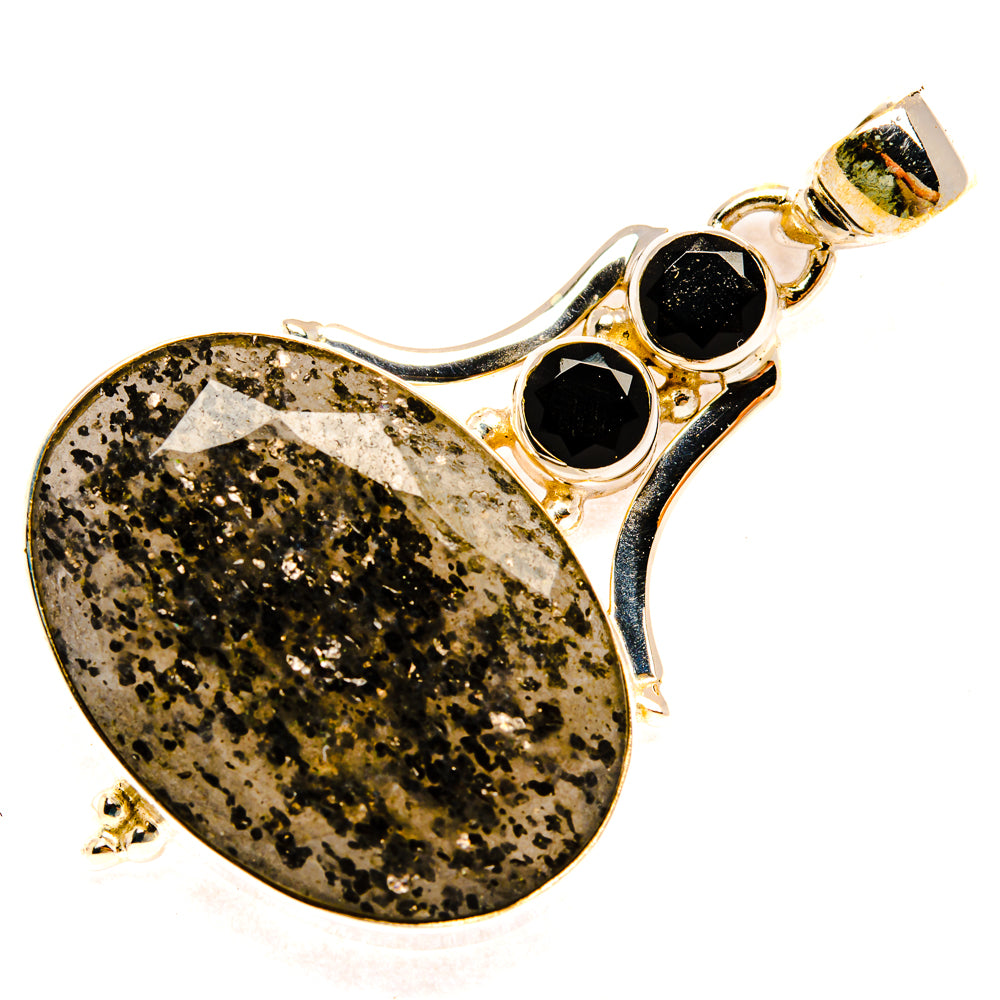 Tourmalinated quartz and black onyx pendant, heart-shaped stone with bail
