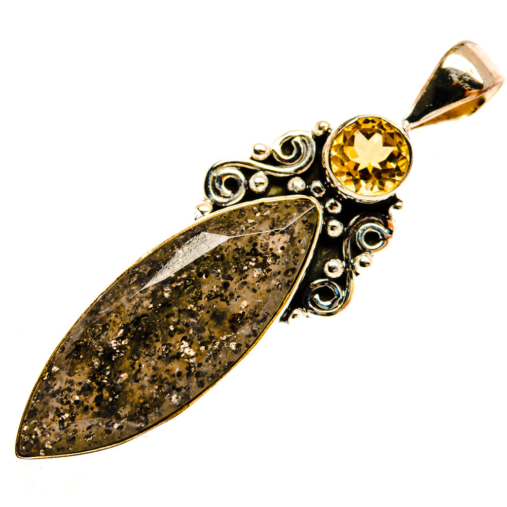 925 silver pendant with dark marquise tourmalinated quartz and round citrine