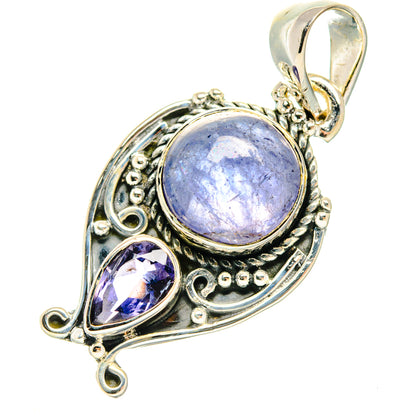 Sterling silver tanzanite pendant with oval purple center stone and marquise side stone, bail