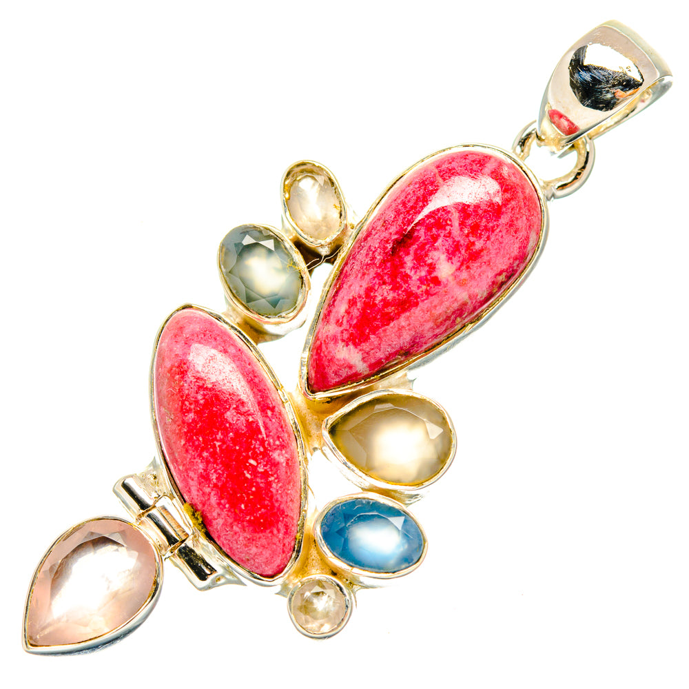 Gemstone pendant with red/pink oval cabochons and blue, green, and pink accents; silver bail