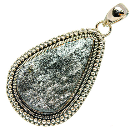 Sterling silver teardrop galena pendant, rough gray stone with bead border and loop bail