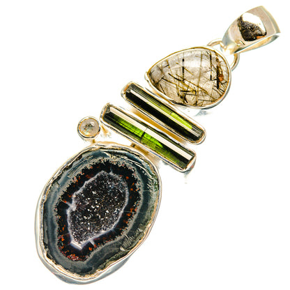 Geode slice tourmaline pendant, silver setting with clear quartz and green tourmaline bars