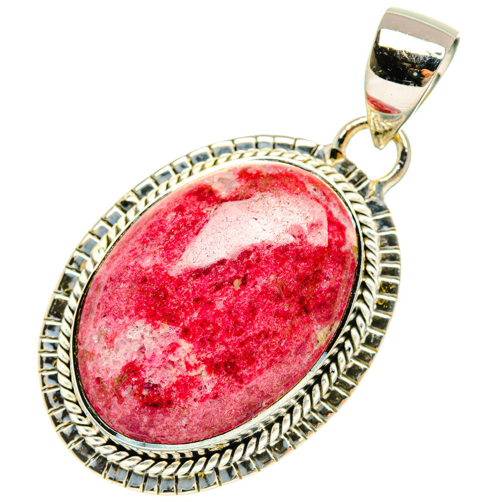 925 sterling silver thulite pendant with red oval gemstone and textured bezel border