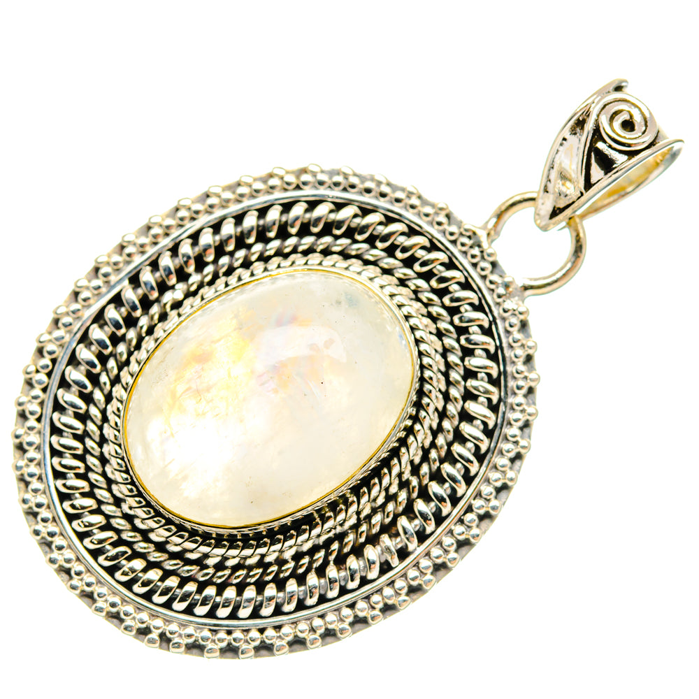 Round bezel moonstone pendant with beaded halo and top scroll bail, 925 sterling silver