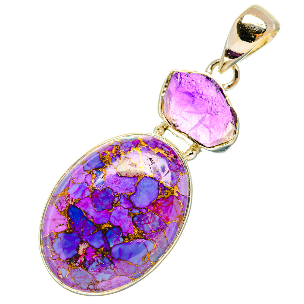 Two-stone purple pendant with oval turquoise, faceted amethyst, silver-tone setting