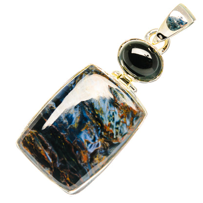 Rectangle gemstone pendant in silver frame with black oval top and blue pietersite center