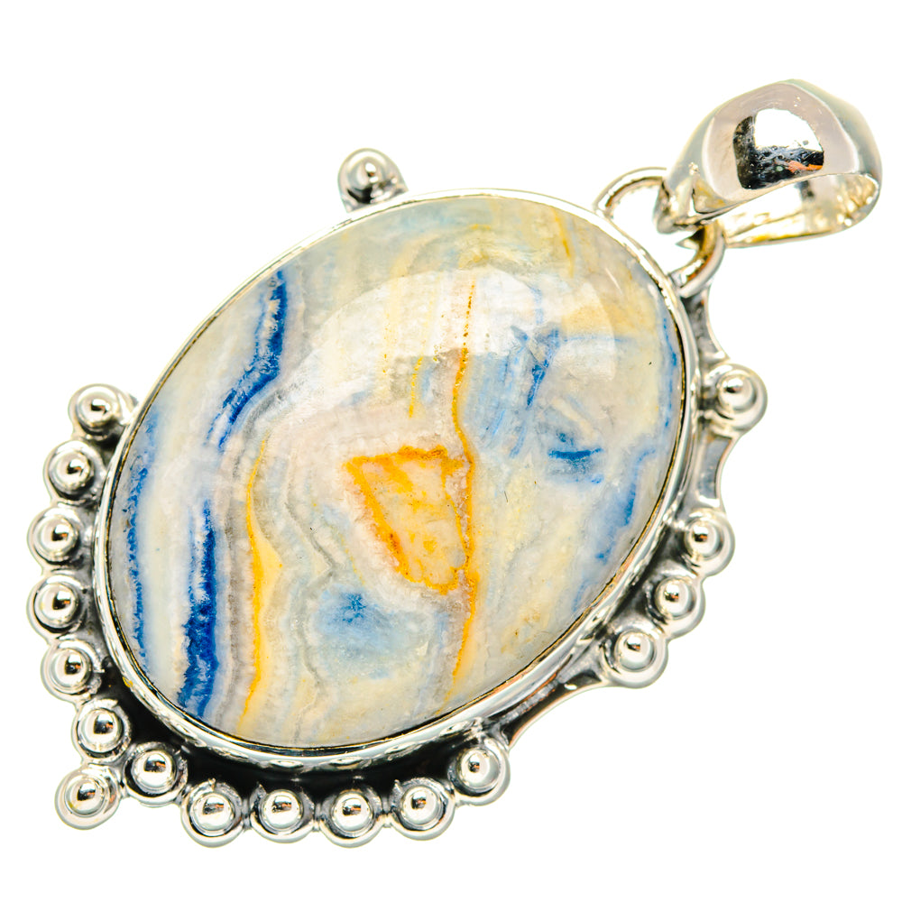 Oval scheelite stone pendant, blue veining in 925 sterling silver scalloped bezel and bail