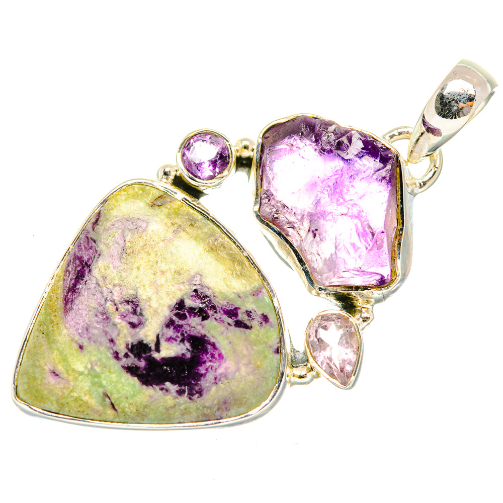 Sterling silver pendant featuring amethyst teardrop, pale green heart, and small round gems