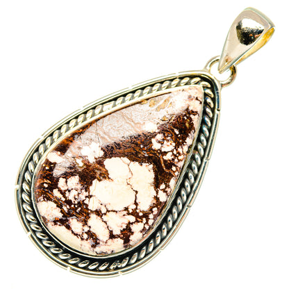 Wild horse jasper teardrop pendant in 925 sterling silver with bail and patterned frame