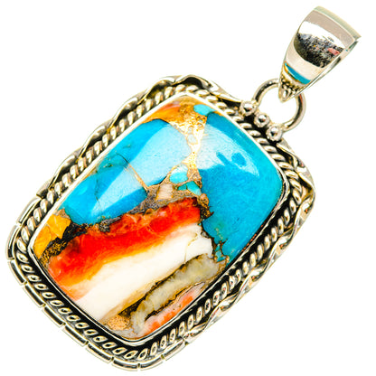 Turquoise and red stone pendant in ornate 925 sterling silver bezel, bail loop at top