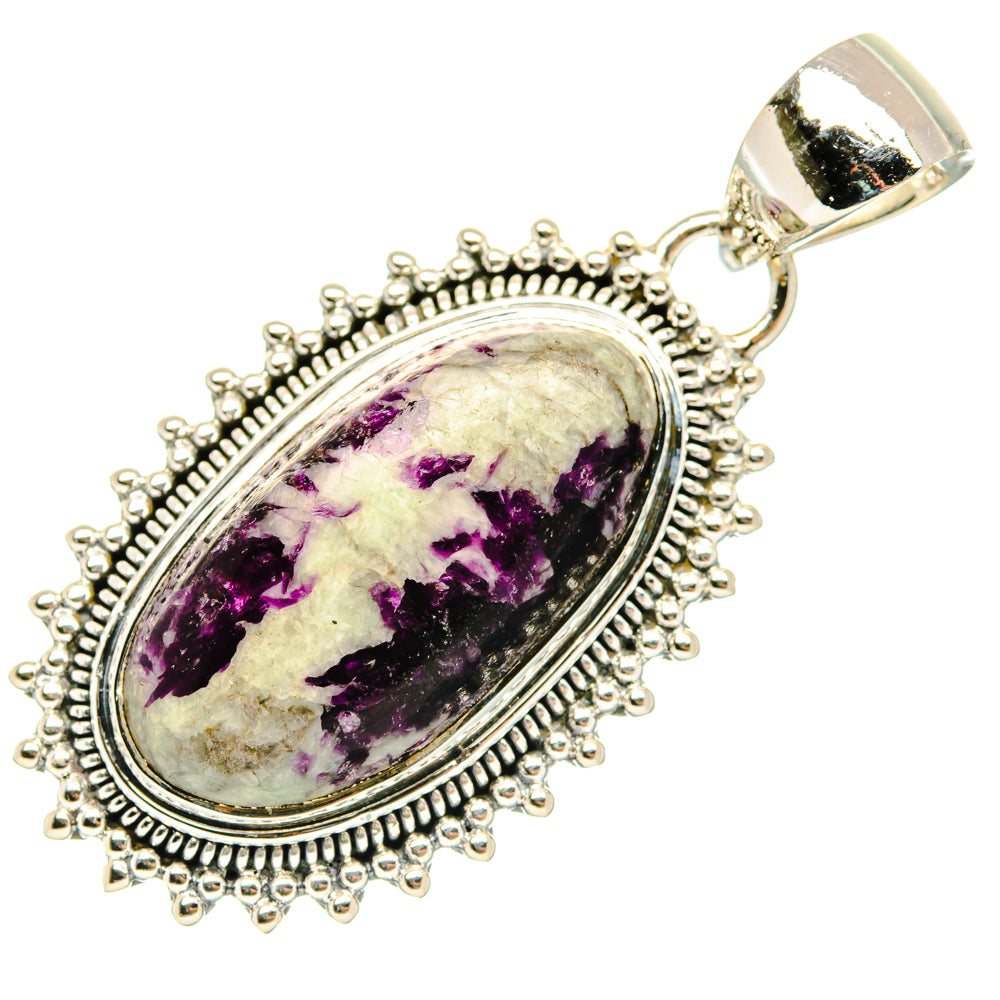 Sterling silver oval pendant with bail, bezel-set purple and black stone cabochon