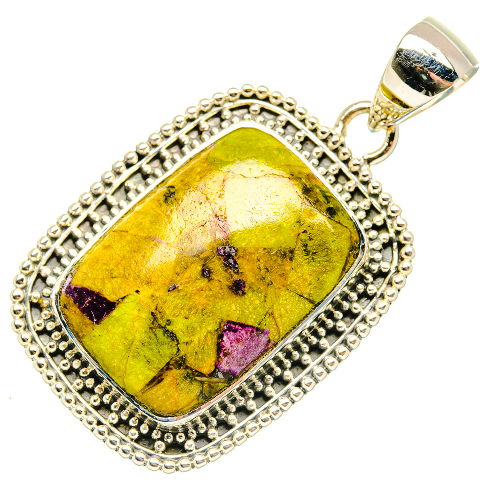 925 sterling silver atlantisite pendant, yellow gemstone with purple and dark speckle details
