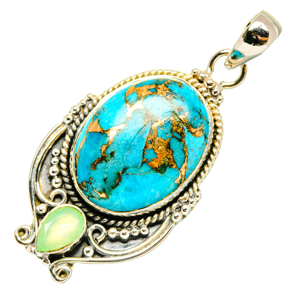 Oval turquoise and green accent pendant in sterling silver, with oval stone setting