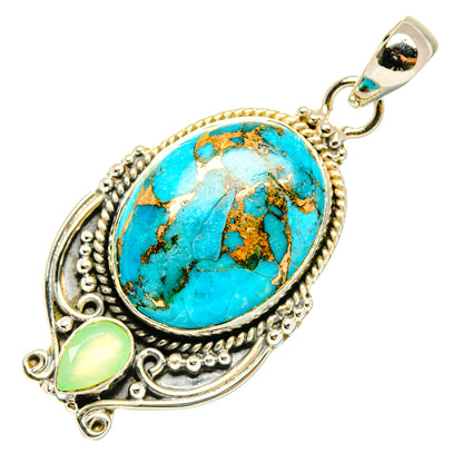 Oval turquoise and green accent pendant in sterling silver, with oval stone setting