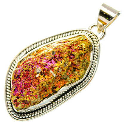 Oval sterling silver bezel pendant with colorful ore stone cabochon, side view