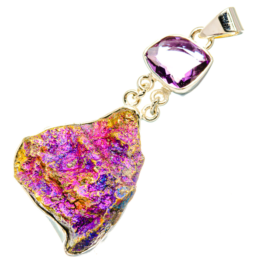 Sterling silver pendant with faceted amethyst square bezel and purple-blue druzy stone