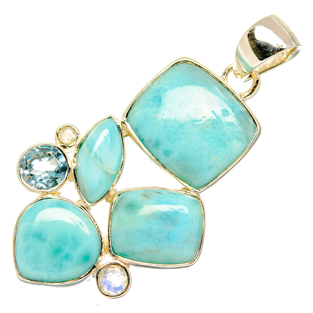 Larimar and blue topaz sterling silver pendant with oval blue gemstone clusters