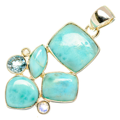 Larimar and blue topaz sterling silver pendant with oval blue gemstone clusters